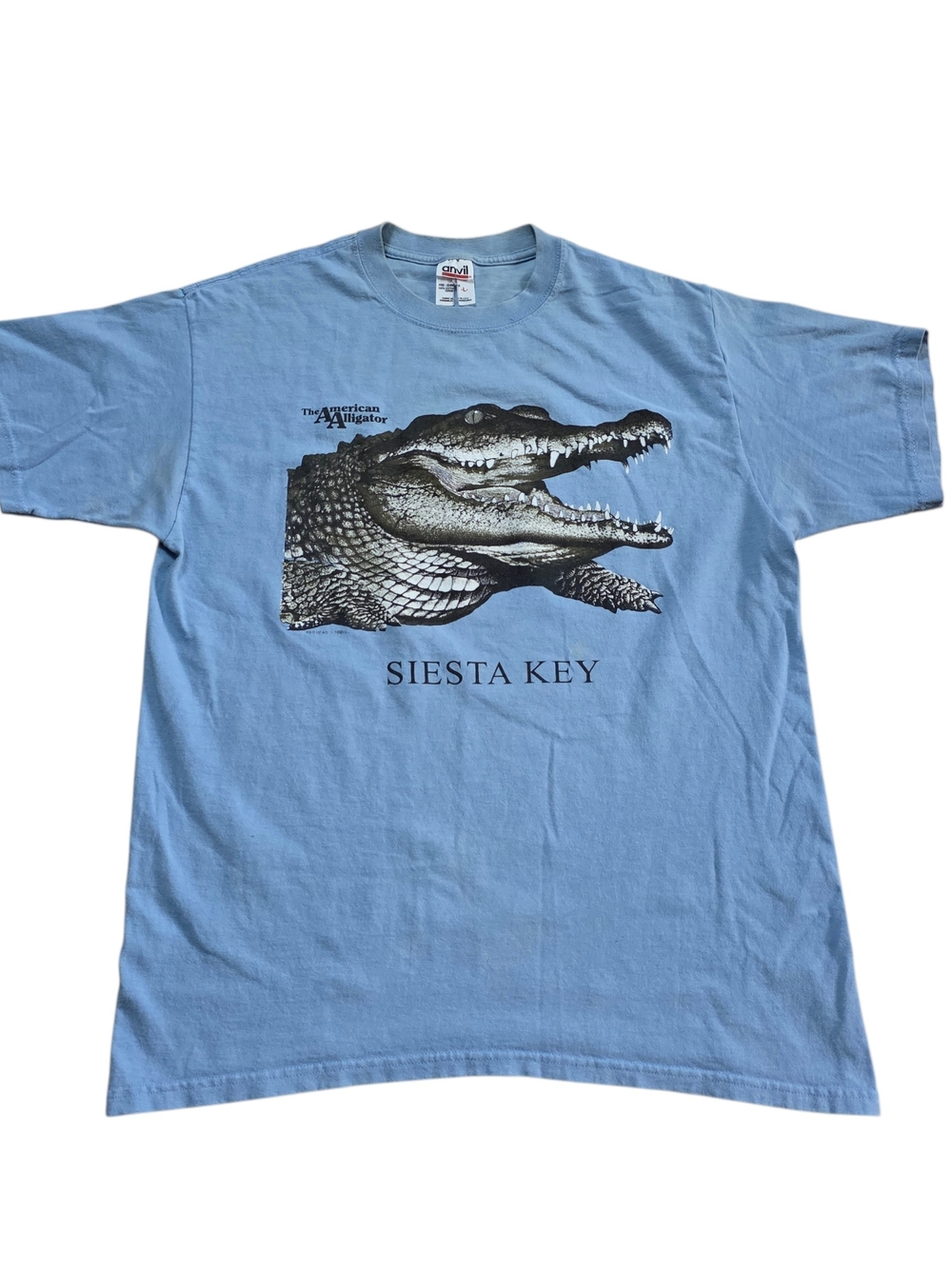 Vtg Anvil Light Blue Tee with Black Alligator Graphic